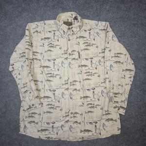 Magellan Mens Button Up Shirt Large All Over Fish Print Long Sleeve Fly Fishing